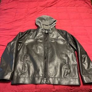 Guess Brown Faux Leather Jacket with Gray Hood XL